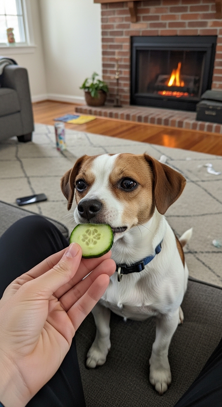 A dog eating a cucumber.