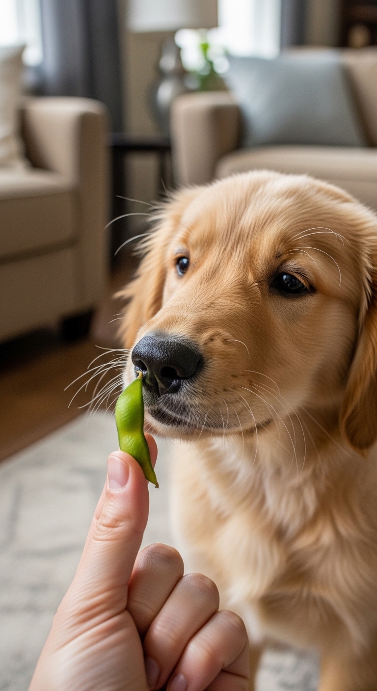 A dog eating a green bean.