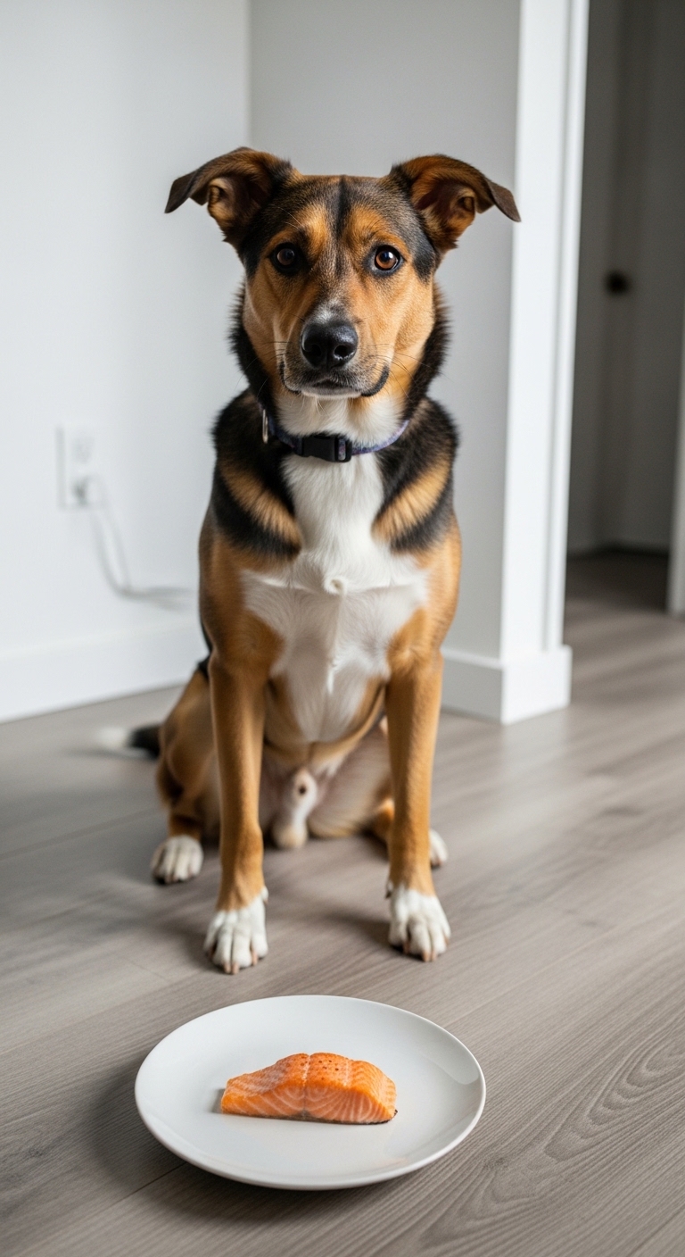 A dog wearing a collar and leash.