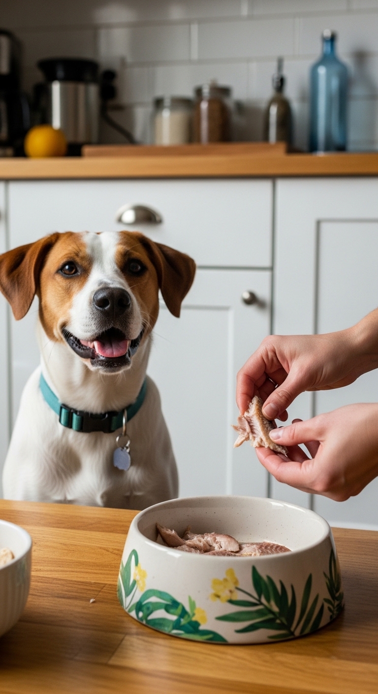 A dog is eating a piece of fish.