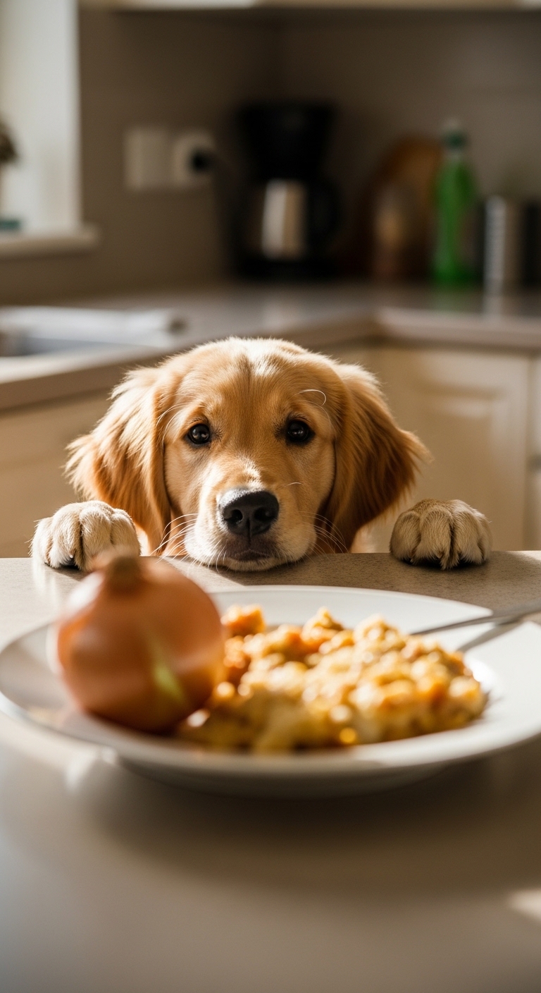 A dog looking at a plate of food with onions.