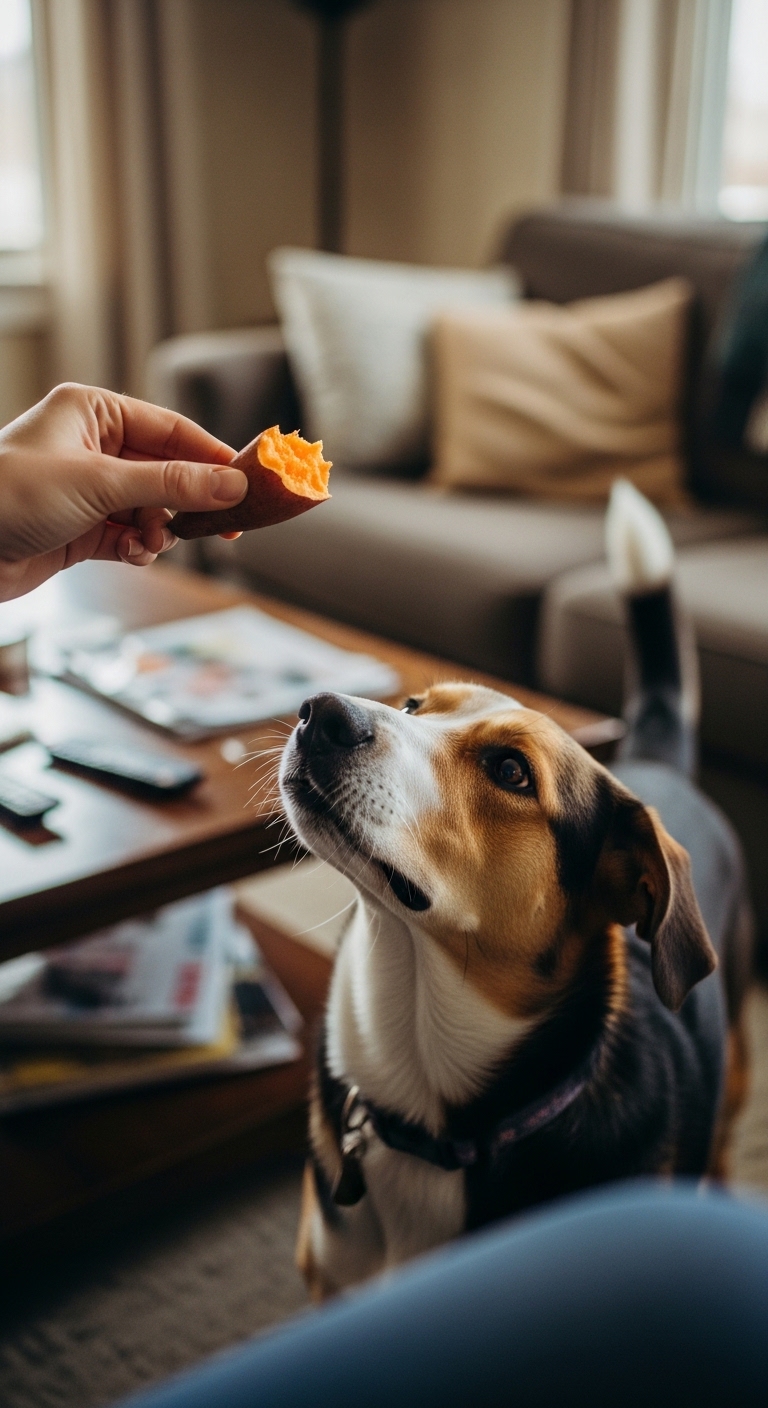 A person is feeding a dog a french fry.