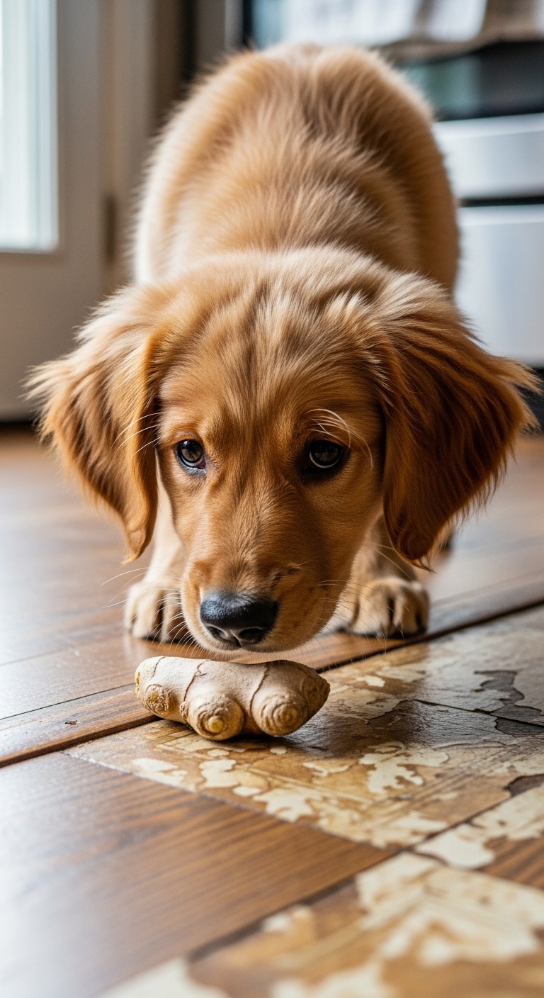 A dog is eating a piece of ginger.
