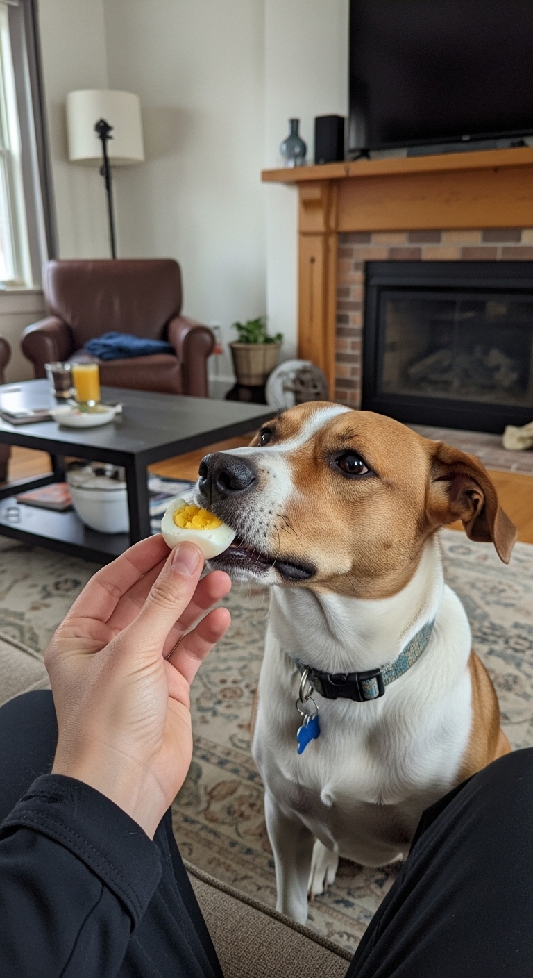 A dog eating a hard boiled egg.