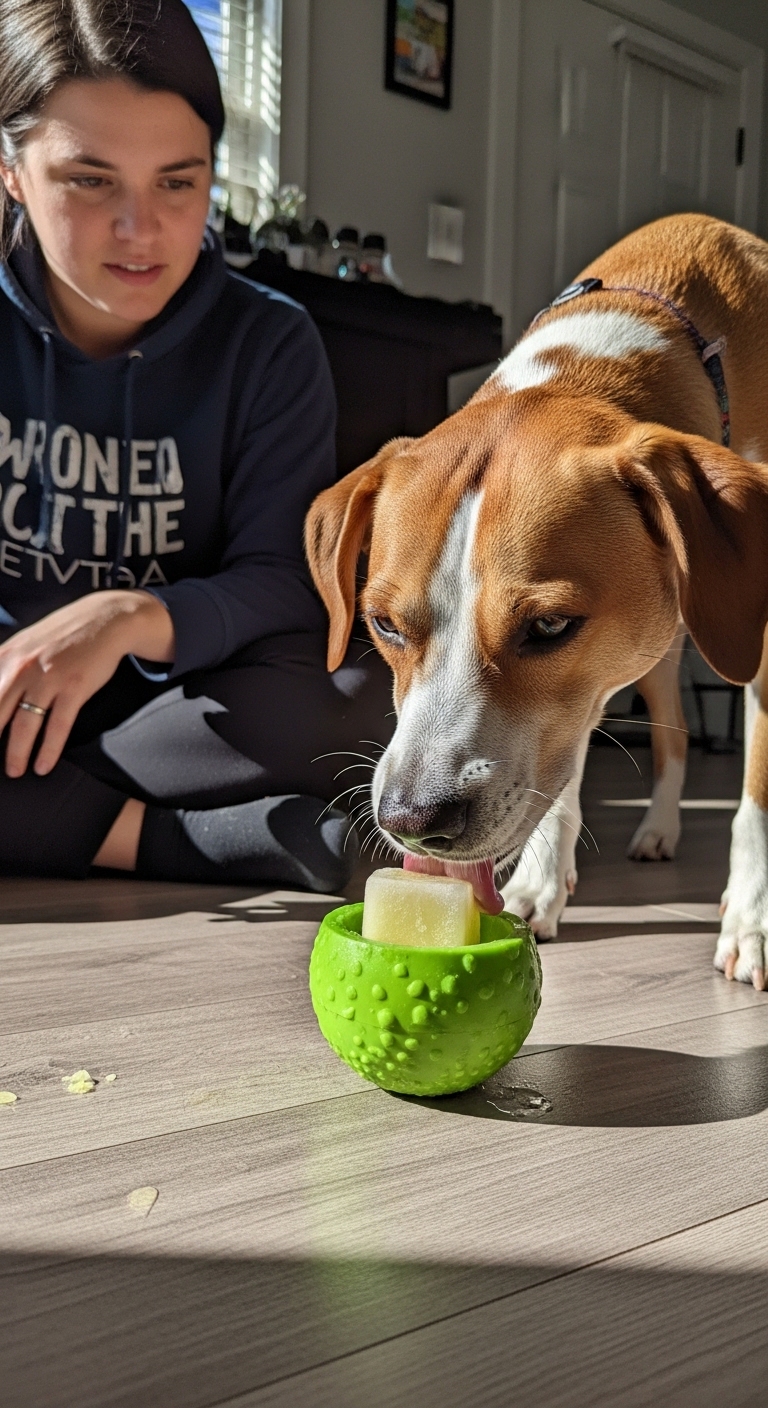 A dog eating a honeydew melon.