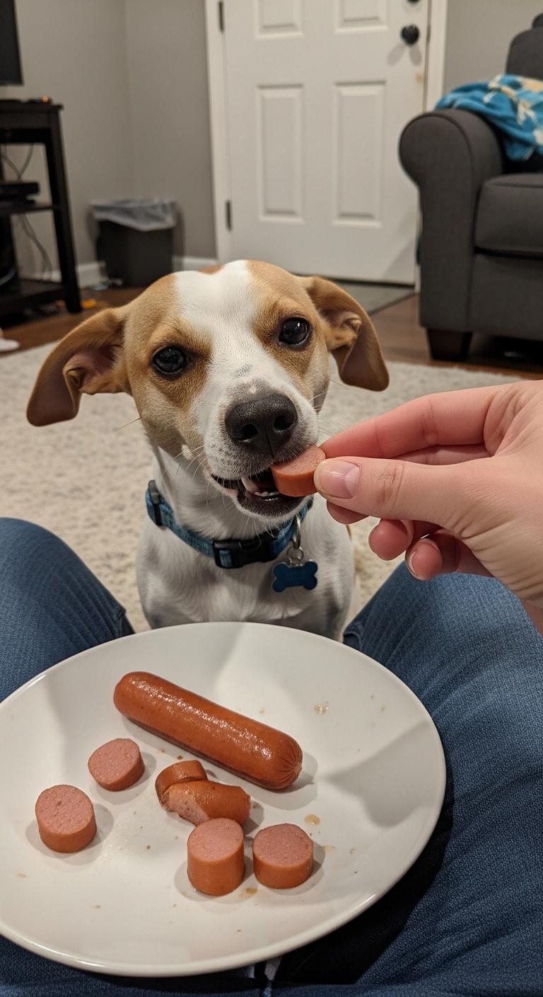 A dog eating a hot dog.