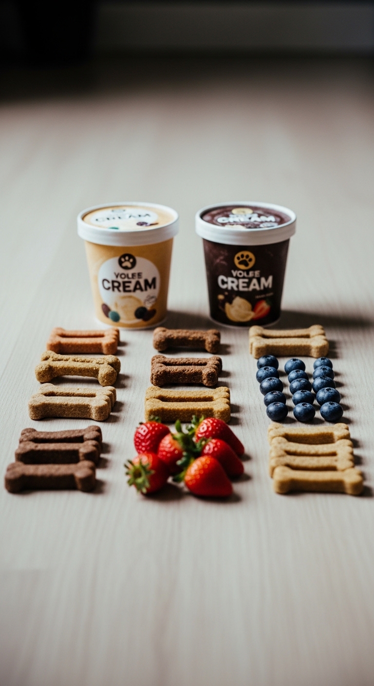 Two containers of ice cream are placed on a table next to a bowl of dog treats.