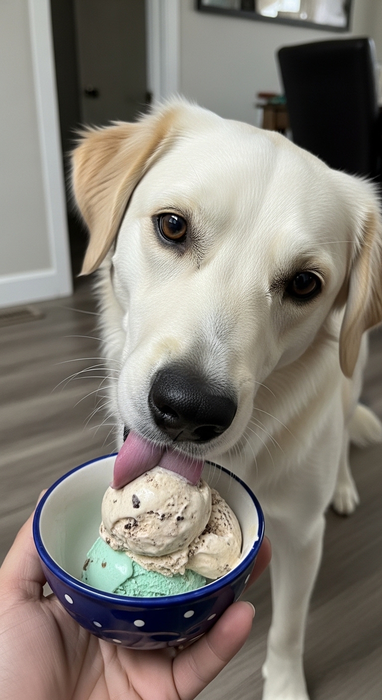A dog licking a bowl of ice cream.