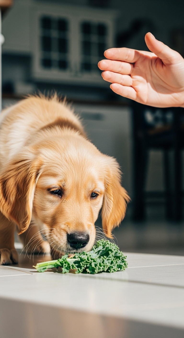 A dog eating kale.