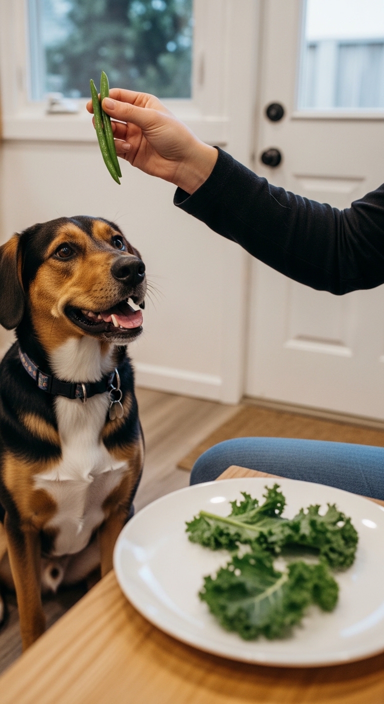 A dog is eating kale from a plate.