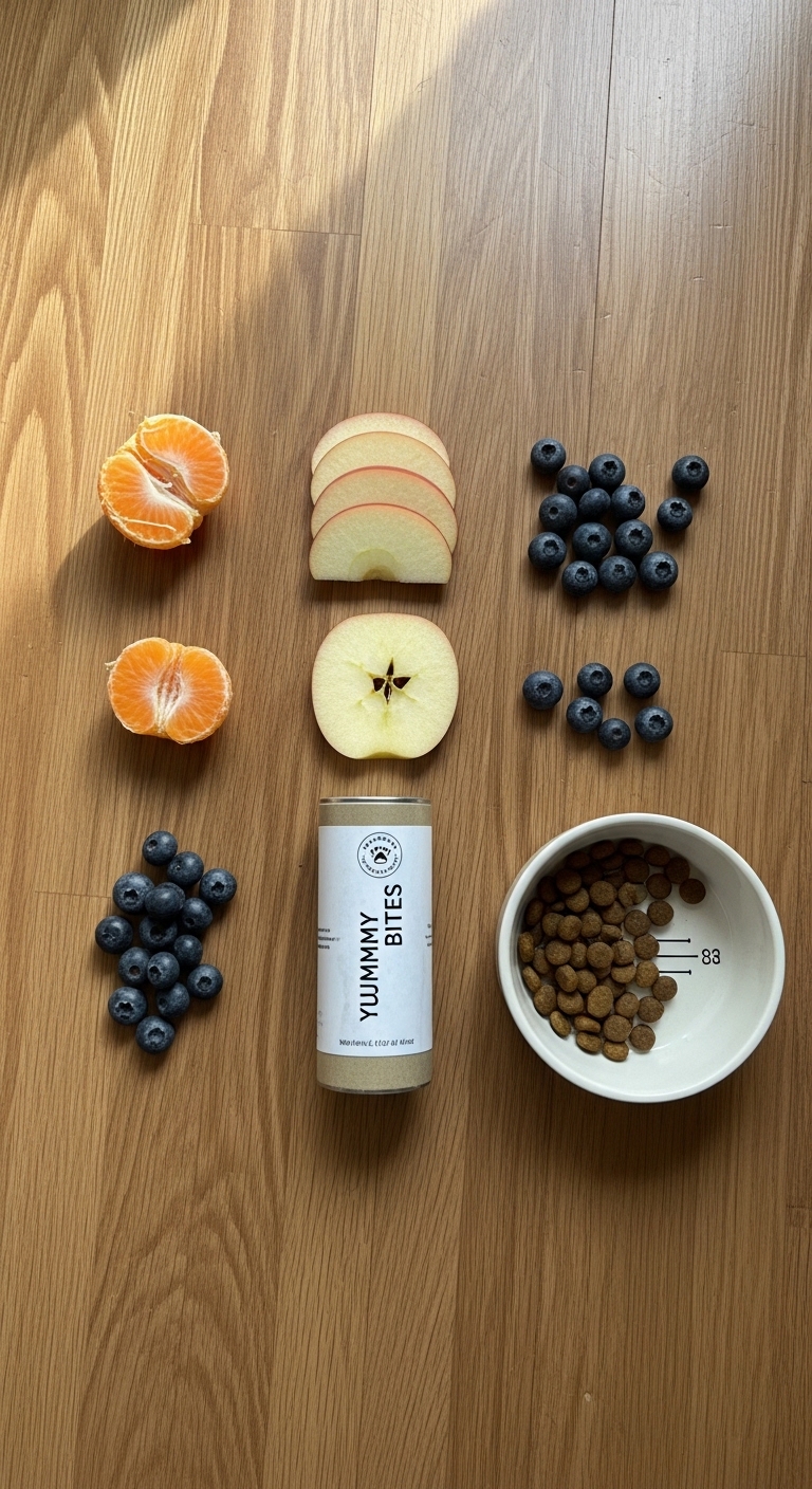 A bowl of dog food sits next to a bowl of blueberries.
