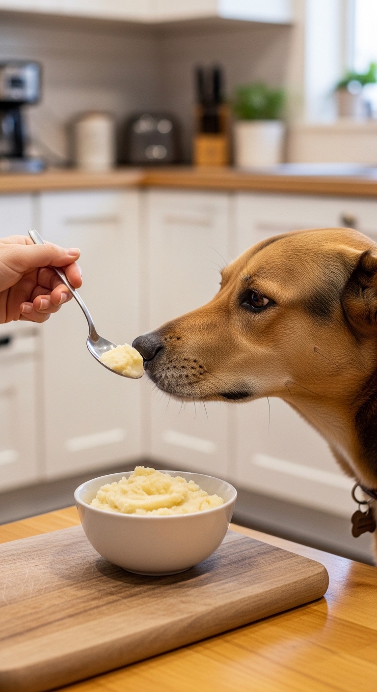 A dog eating mashed potatoes.