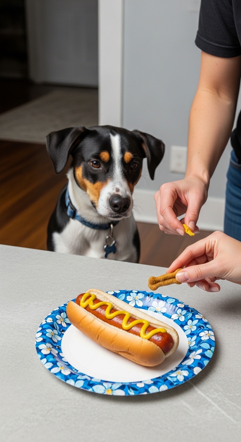 A dog is looking at a hot dog with mustard on a plate.