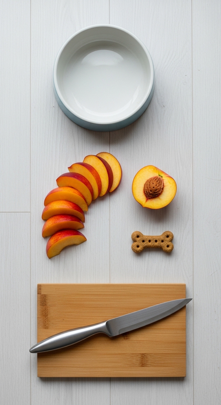 A knife and a peeled nectarine on a cutting board.