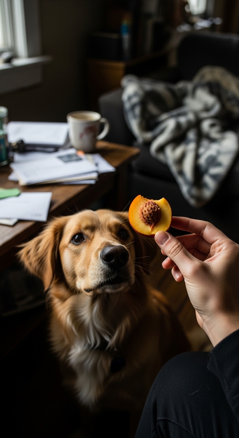 A dog is eating a nectarine.