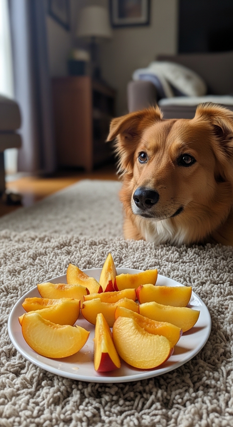 A dog is sitting on a carpet in front of a plate of nectarines.