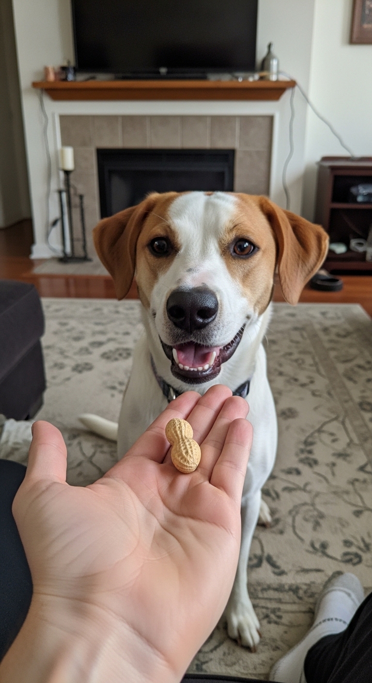 A dog is smiling while holding a peanut in its mouth.