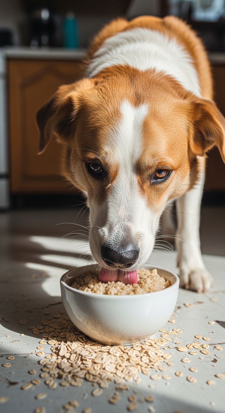 A dog eating oats from a bowl.