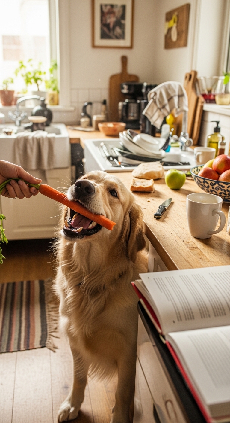 A dog eating a carrot.