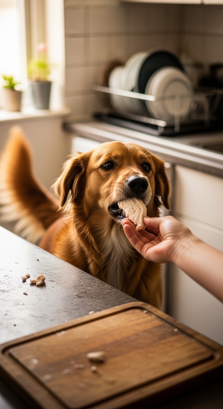A dog eating a piece of pepperoni.