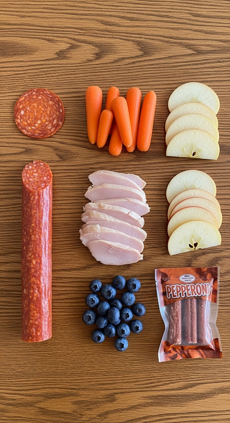 A variety of foods including pepperoni, apples, carrots, and blueberries.