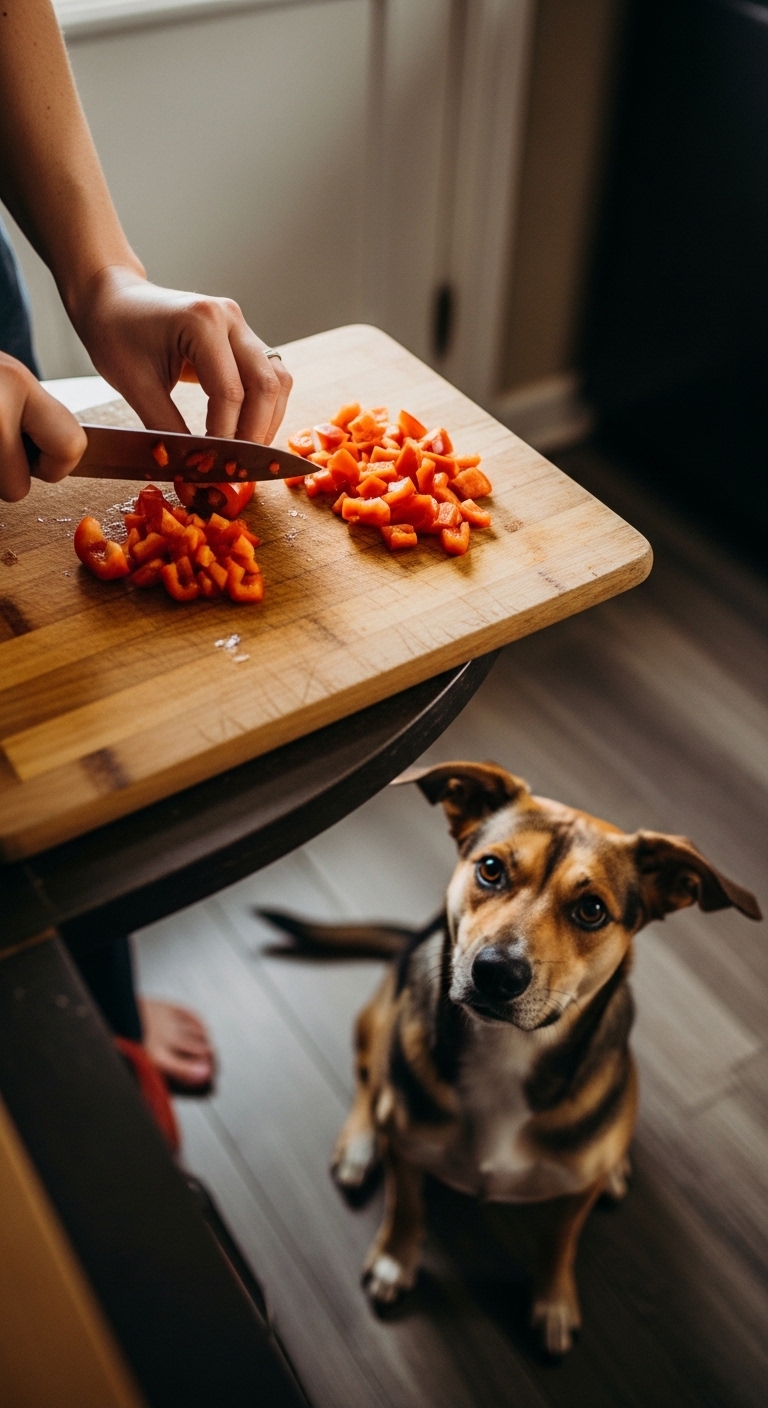A dog is looking at a cutting board with peppers on it.