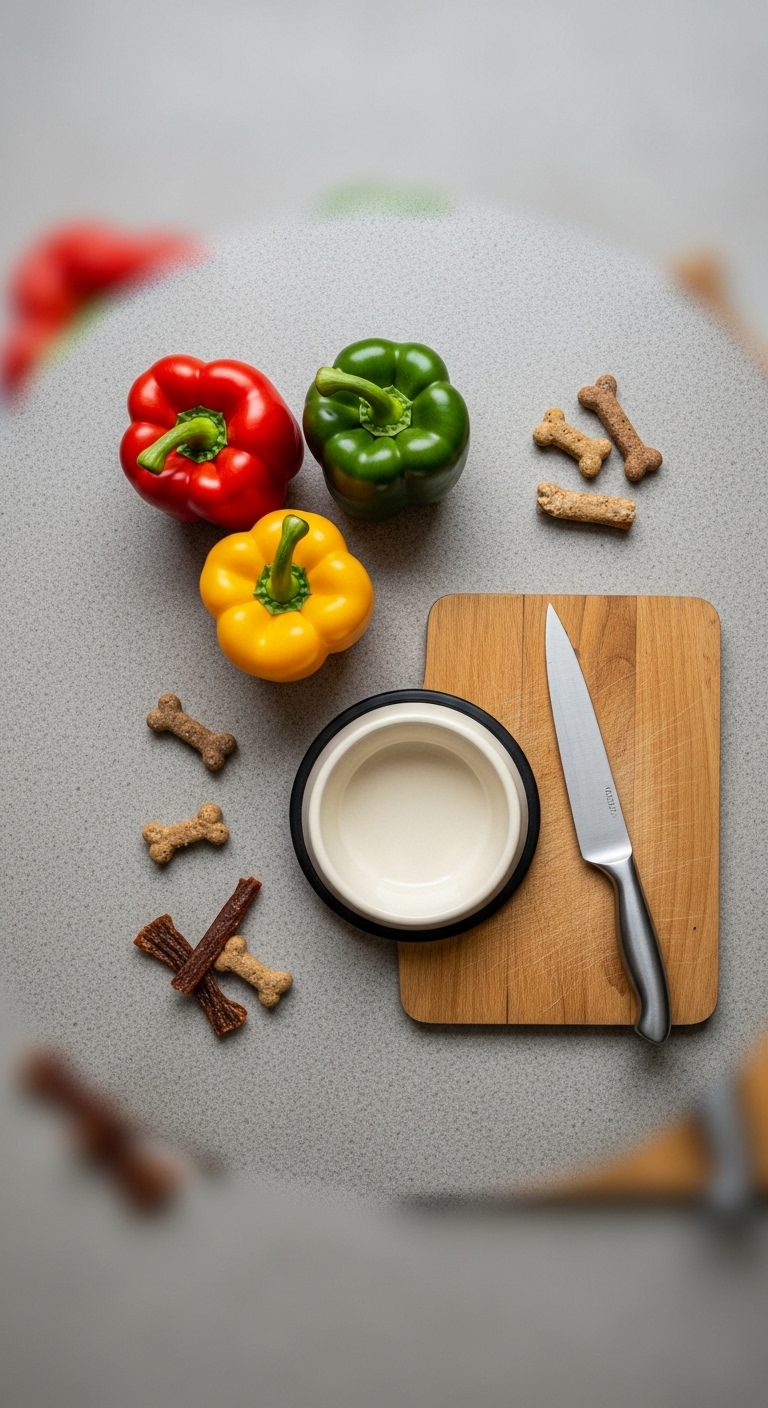A knife and a bowl of peppers on a table.