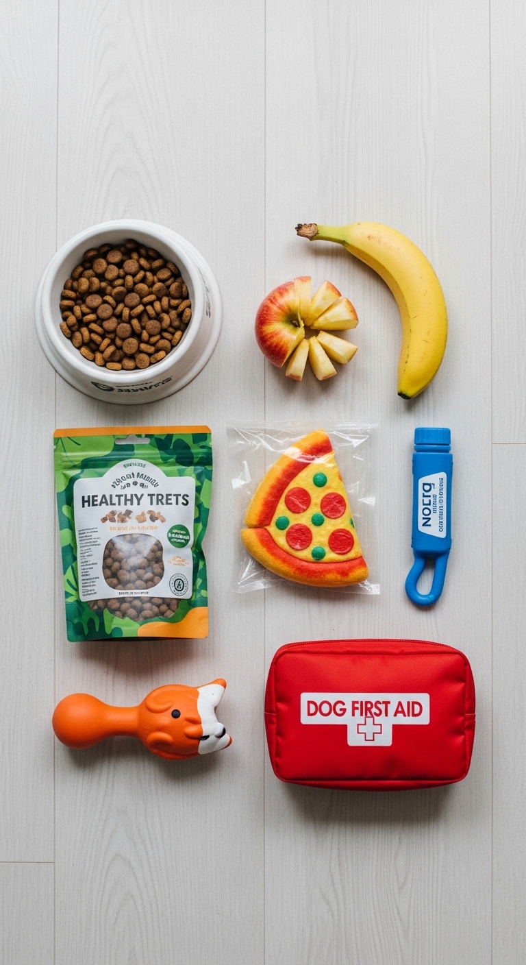 A variety of food items and toys for dogs.