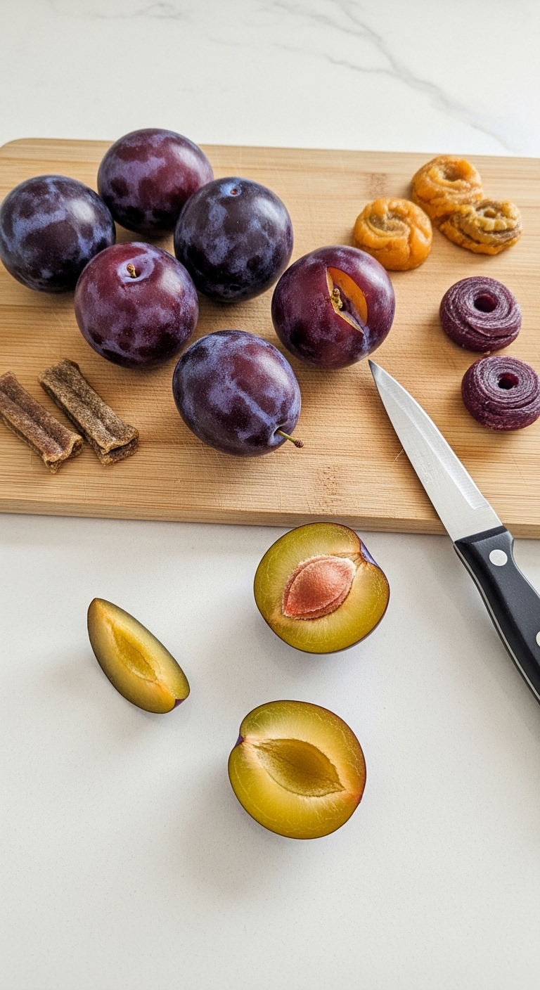 A knife is on a cutting board with plums and oranges.