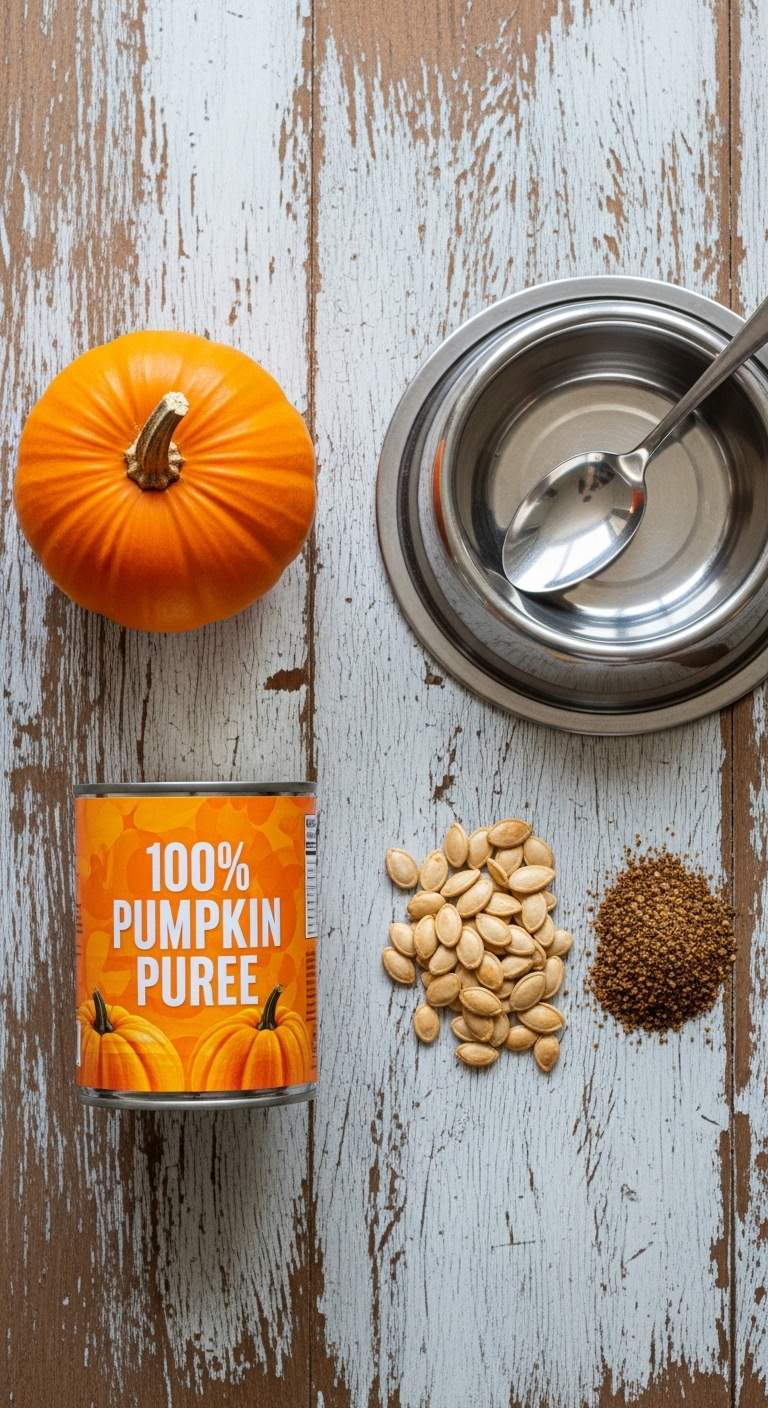 A can of pumpkin puree sits on a table next to a bowl of pumpkin seeds.