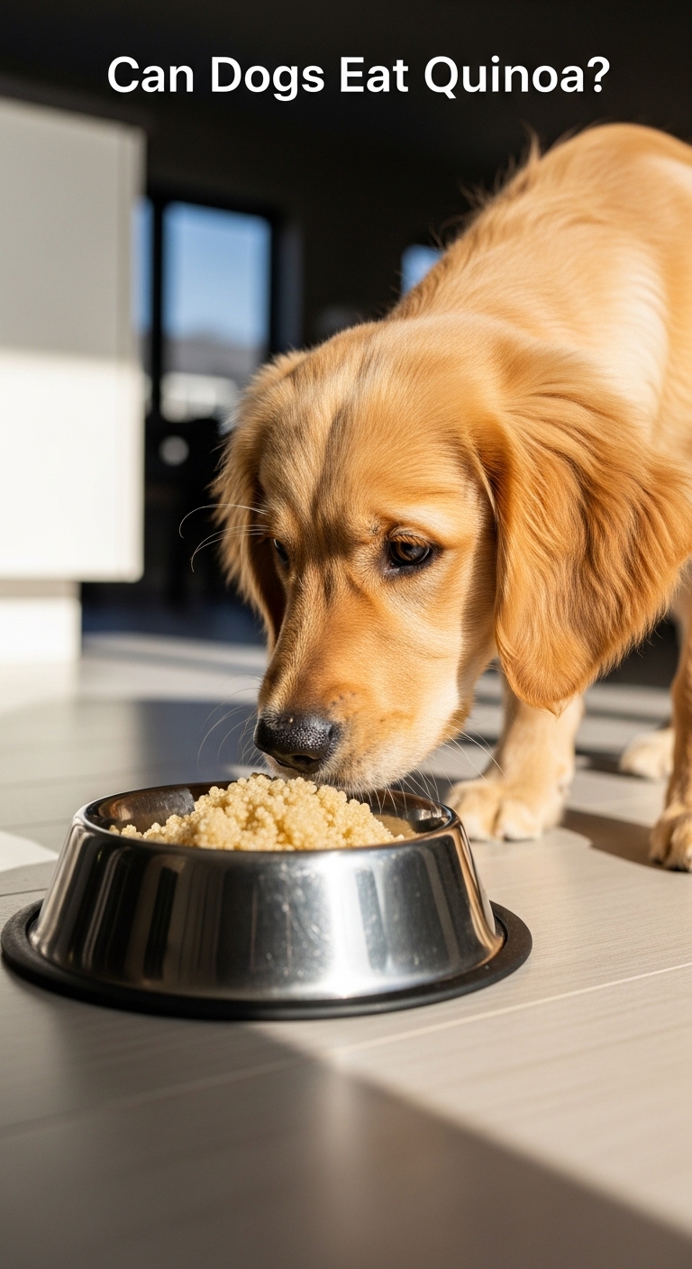 A dog eating quinoa from a bowl.
