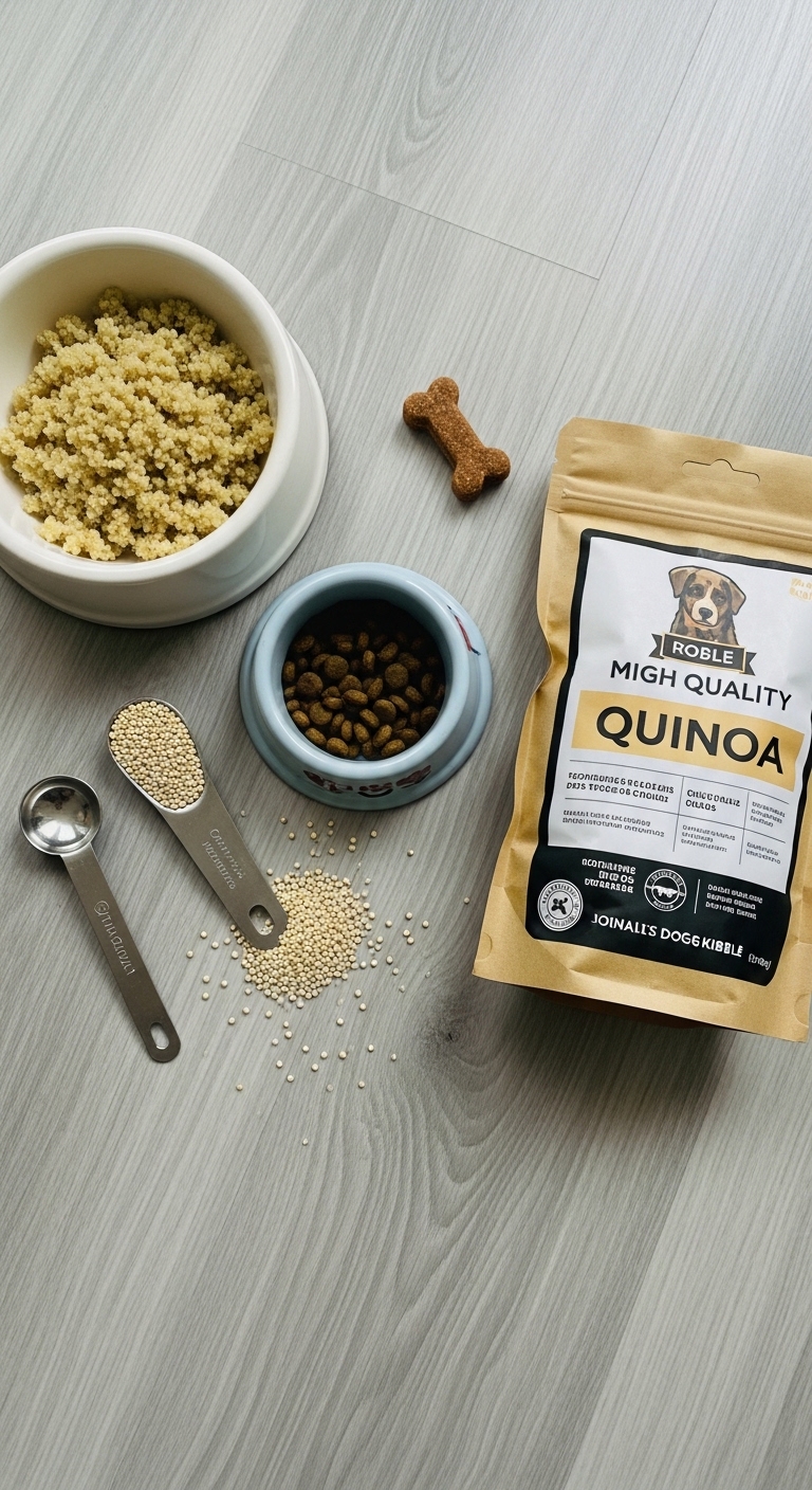 A bag of quinoa sits on a table next to a bowl of dog food.