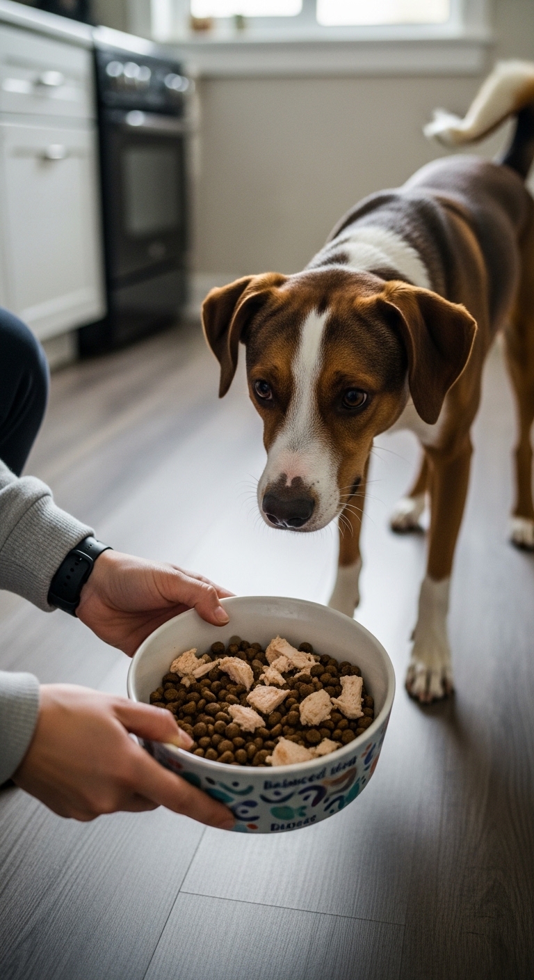 A dog eating food from a bowl.