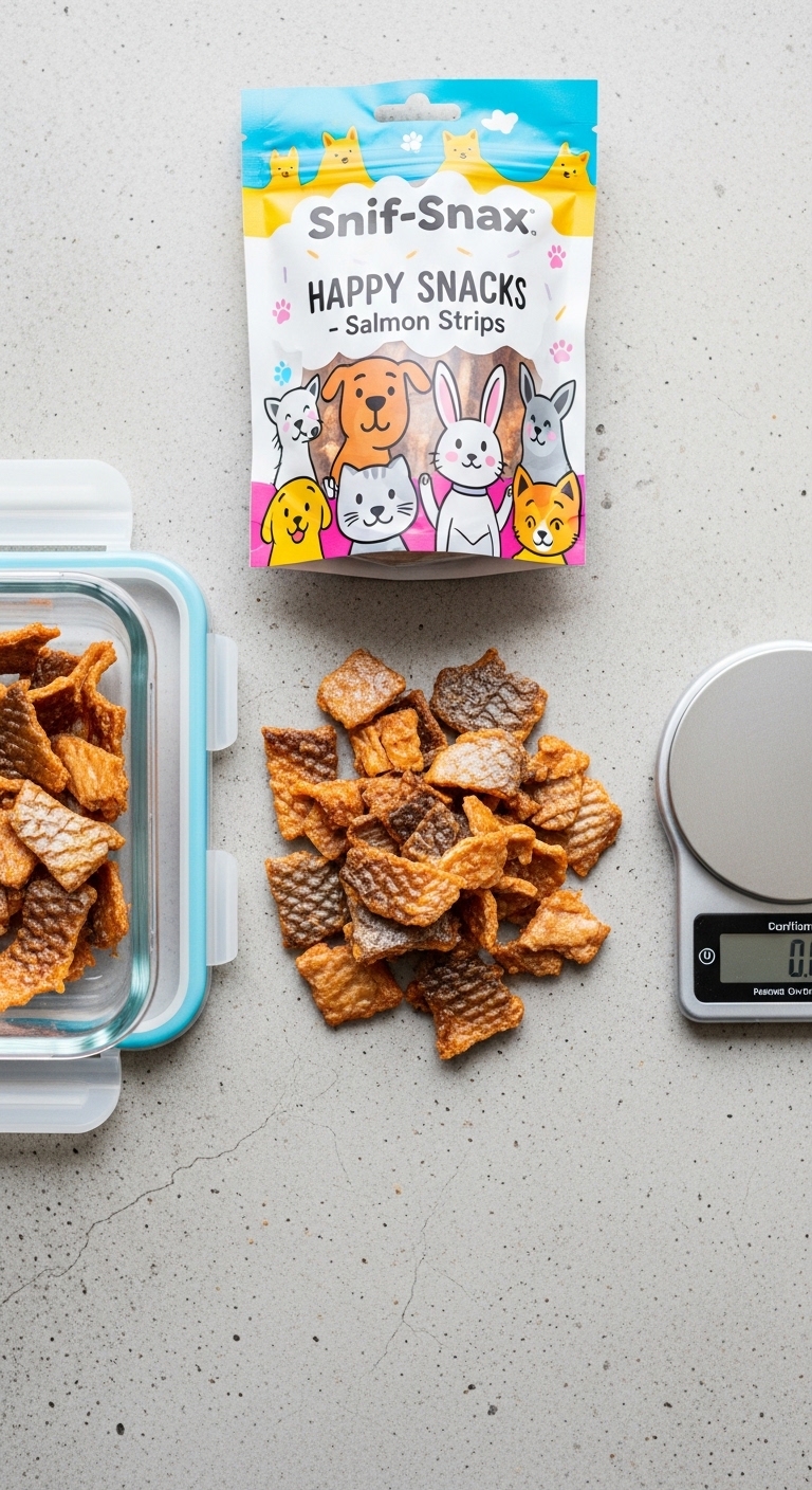 A box of salmon skin crackers sits next to a scale.