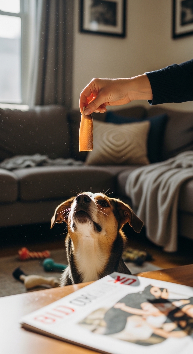 A dog is eating a piece of salmon skin.