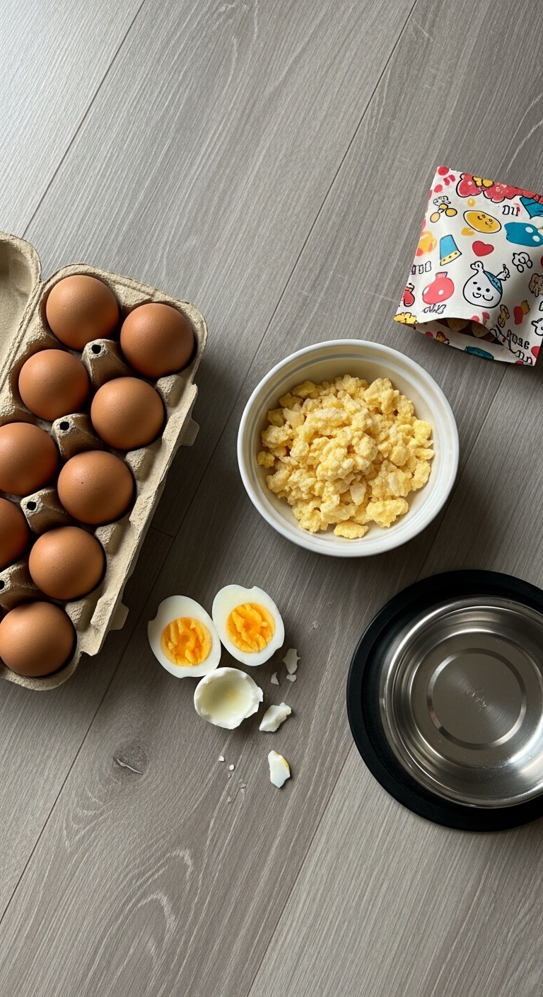 A bowl of scrambled eggs sits on a table next to a carton of eggs.