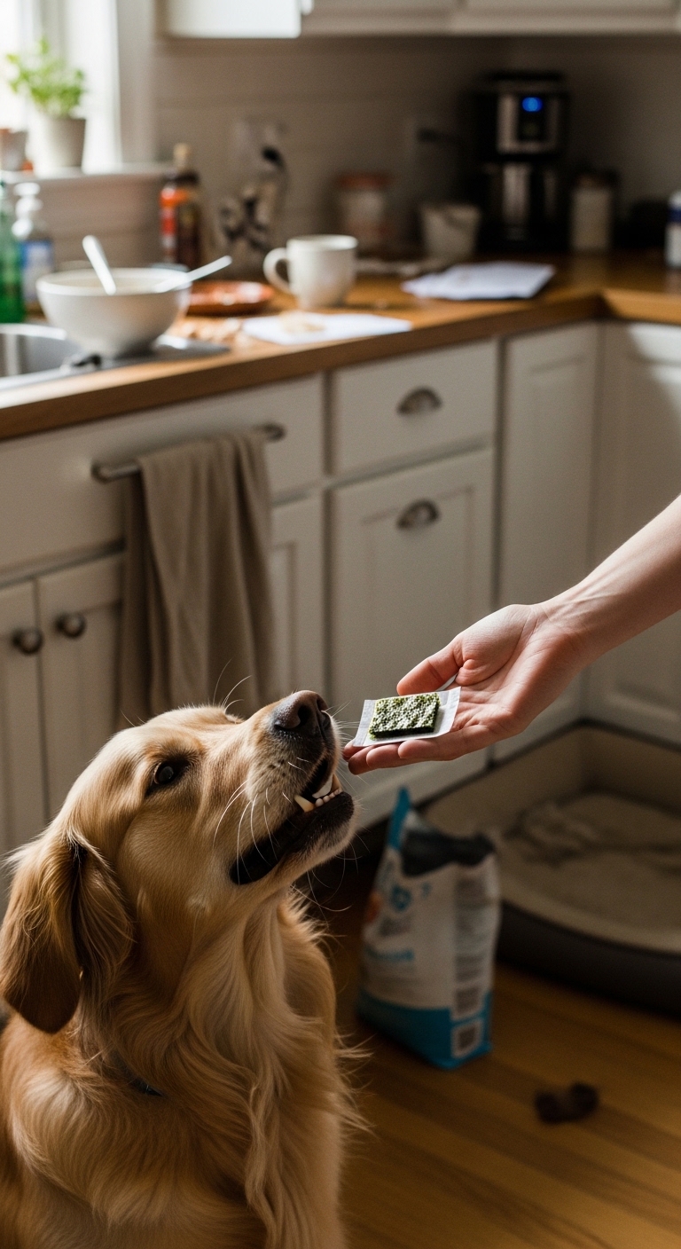 A dog eating seaweed from a person's hand.