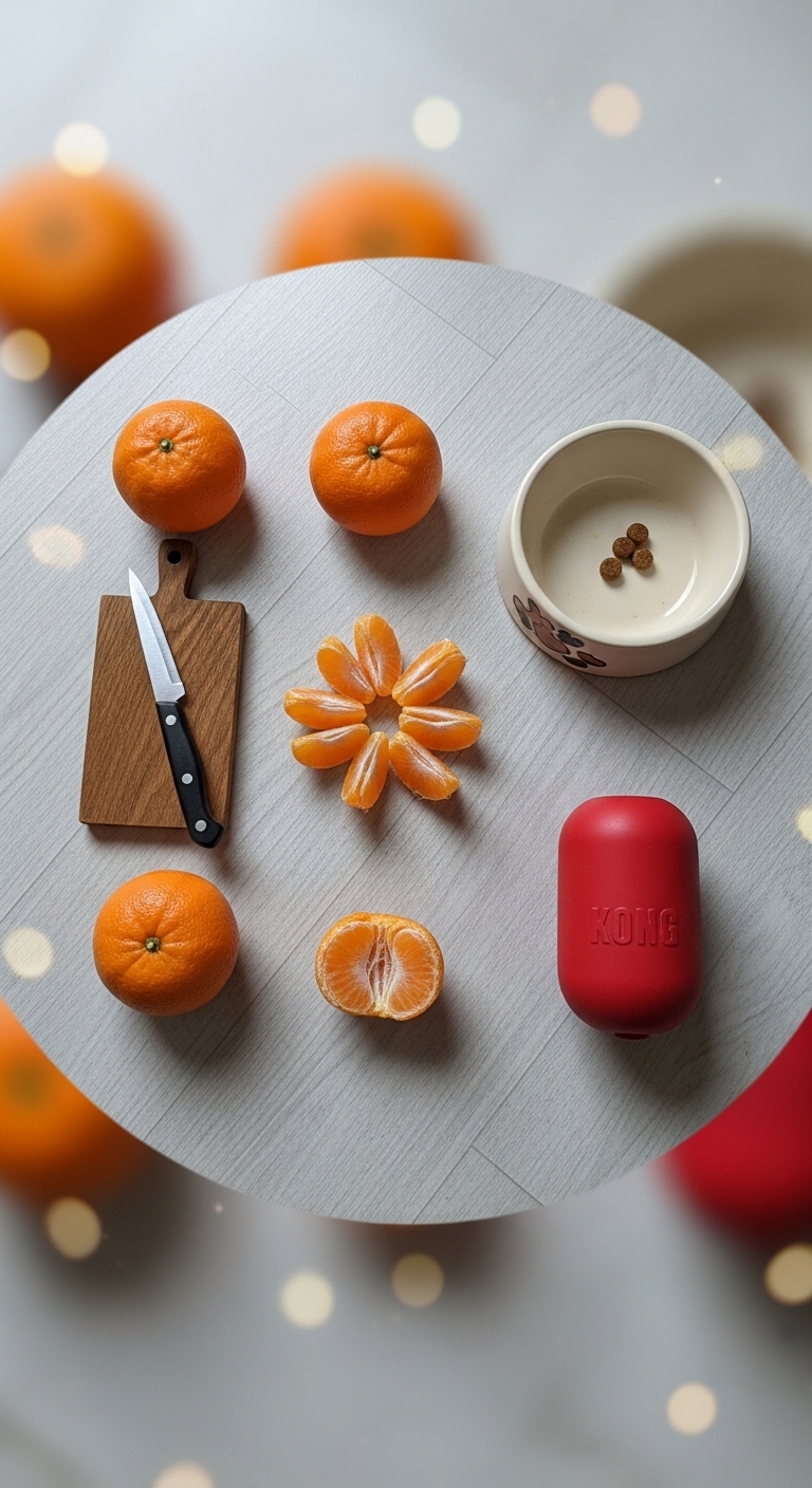 A table with oranges, a knife, a bowl, and a can of dog food.