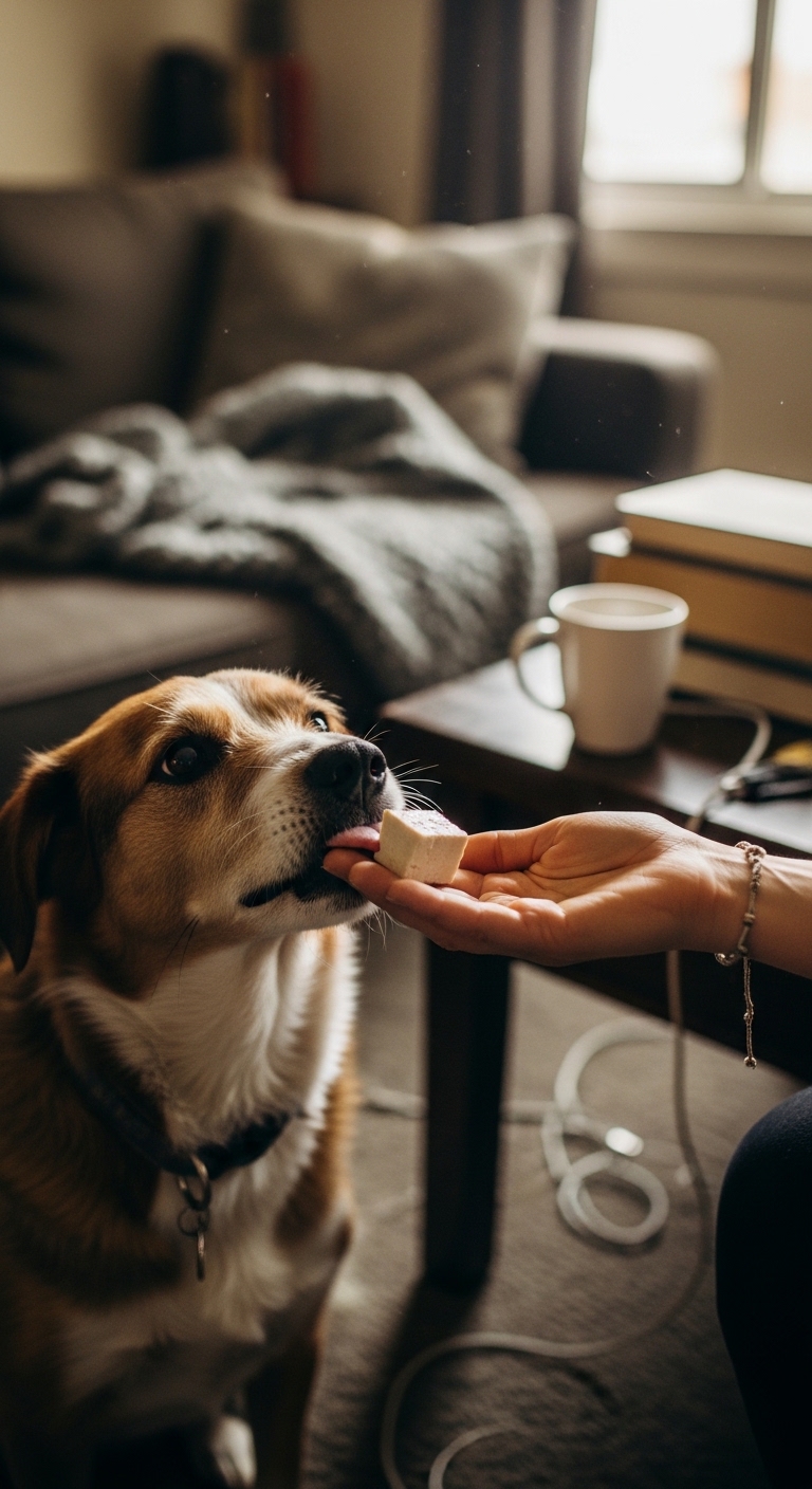 A person is feeding a dog tofu.