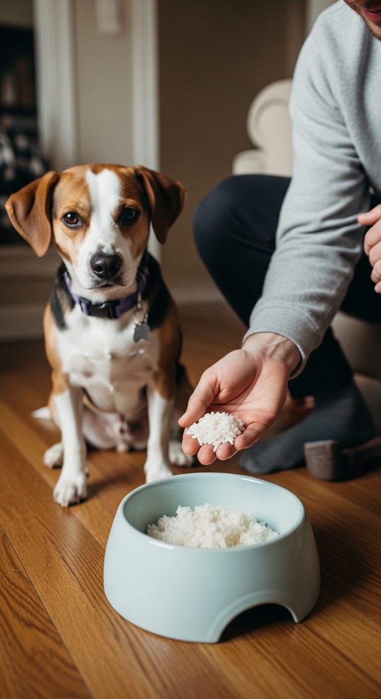 A dog is sitting in front of a bowl of white rice.