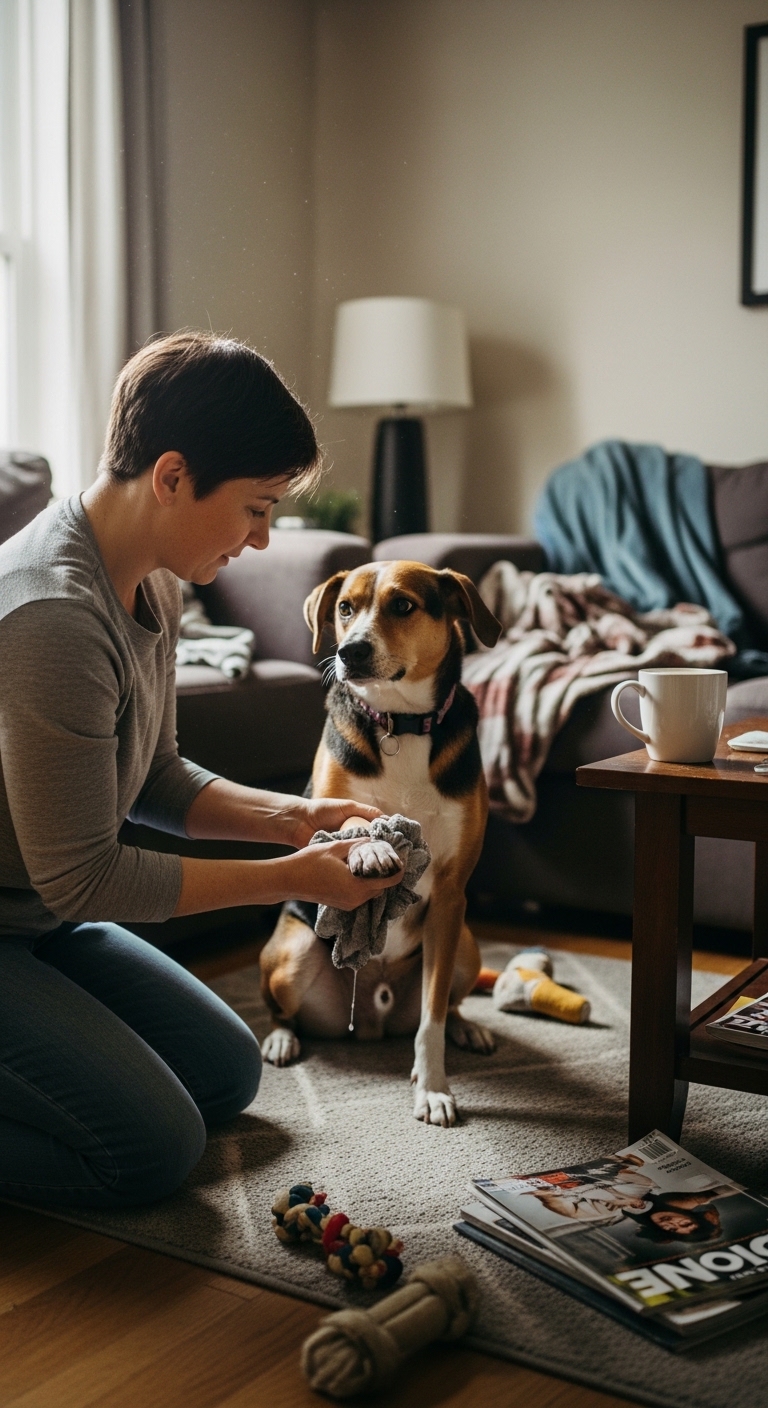 A woman is petting a dog that is wearing a purple collar.