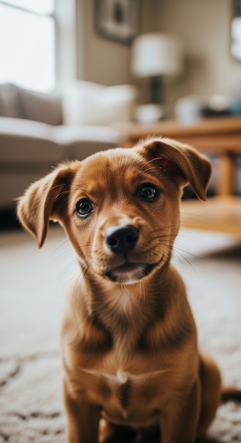 A dog with a pink nose and brown fur.