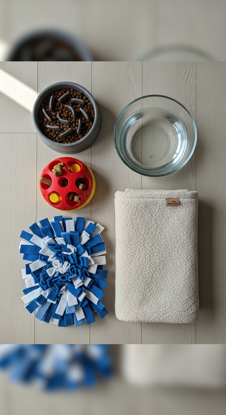 A dog toy and a water bowl are on a table.