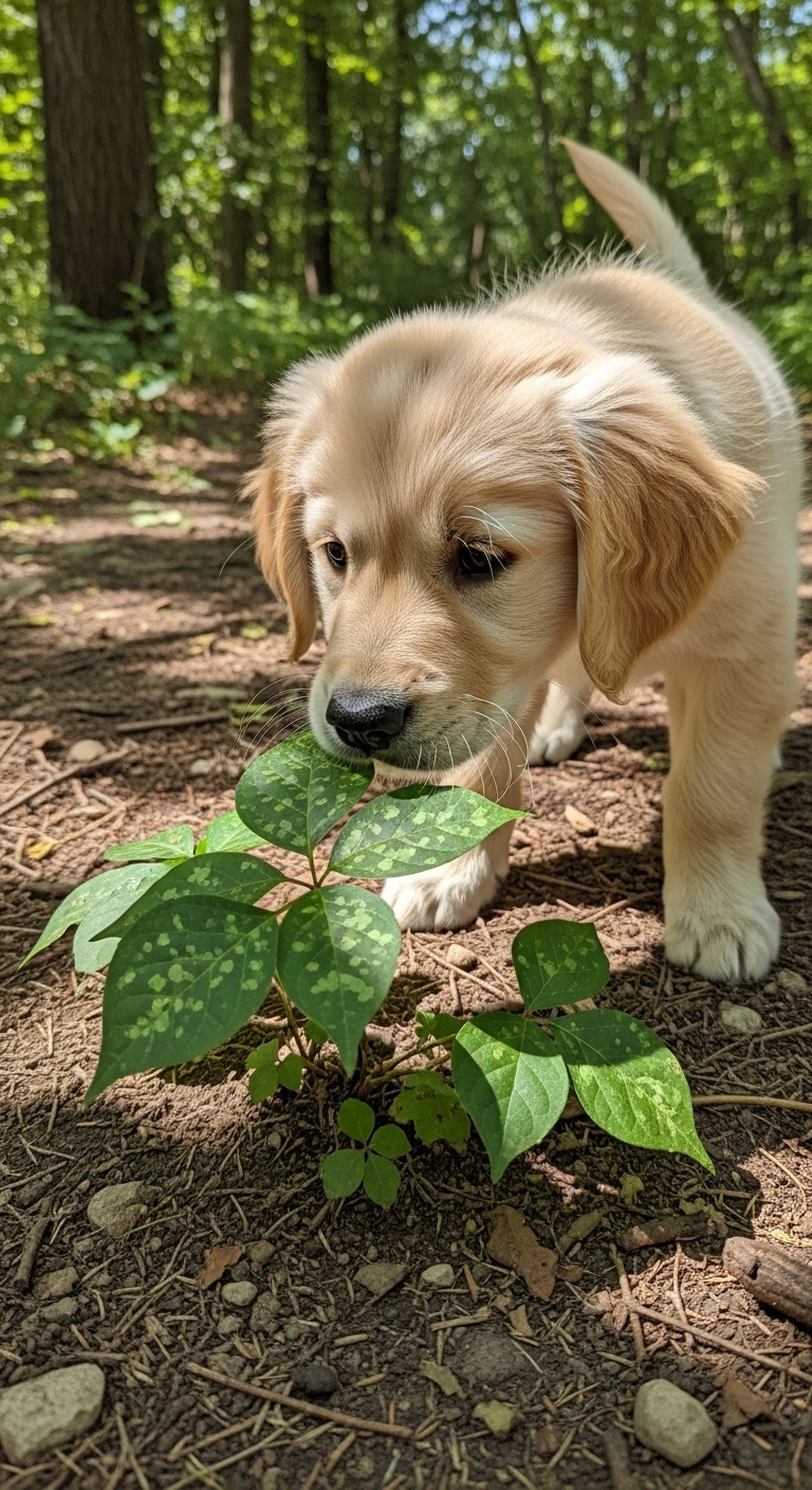 A dog eating a leaf.