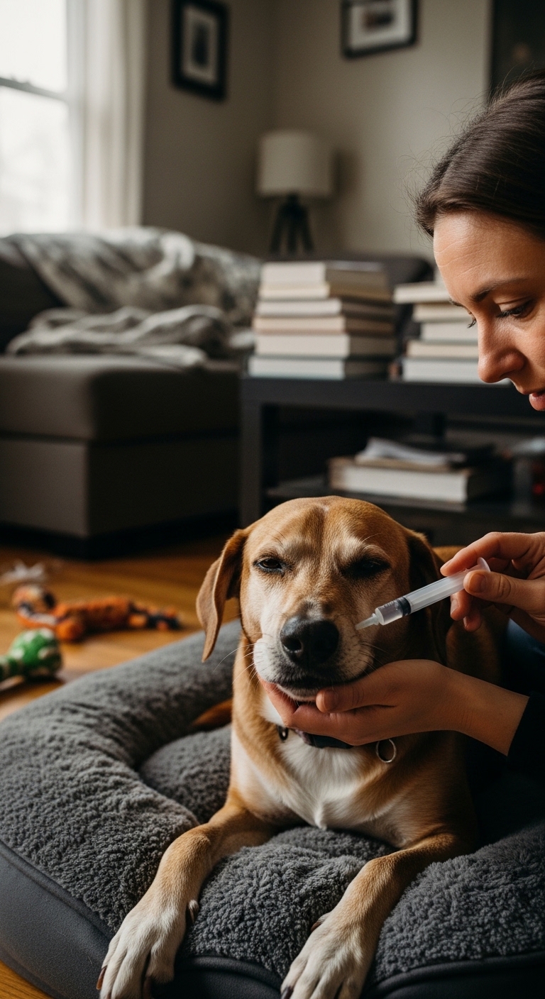 A woman is giving a dog a shot.