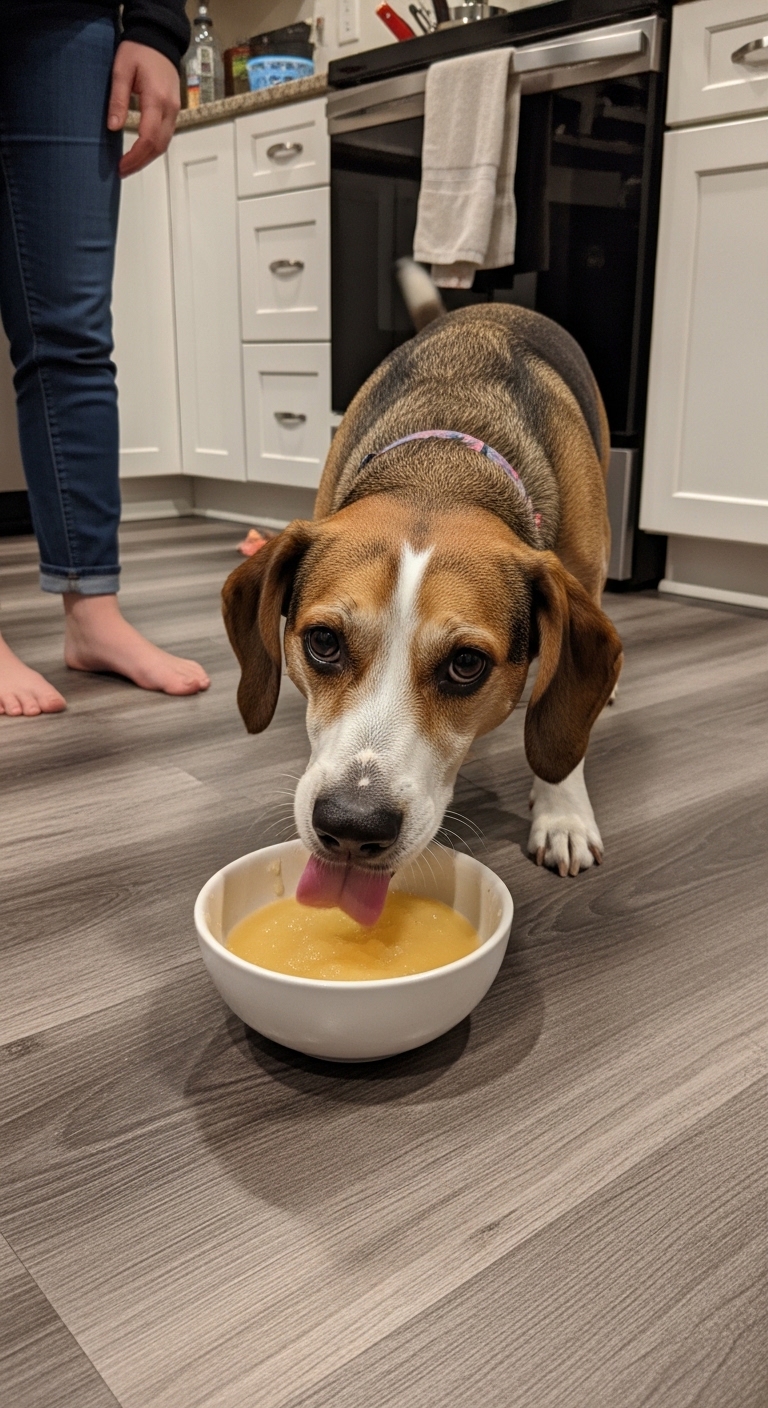A dog eating applesauce from a bowl.