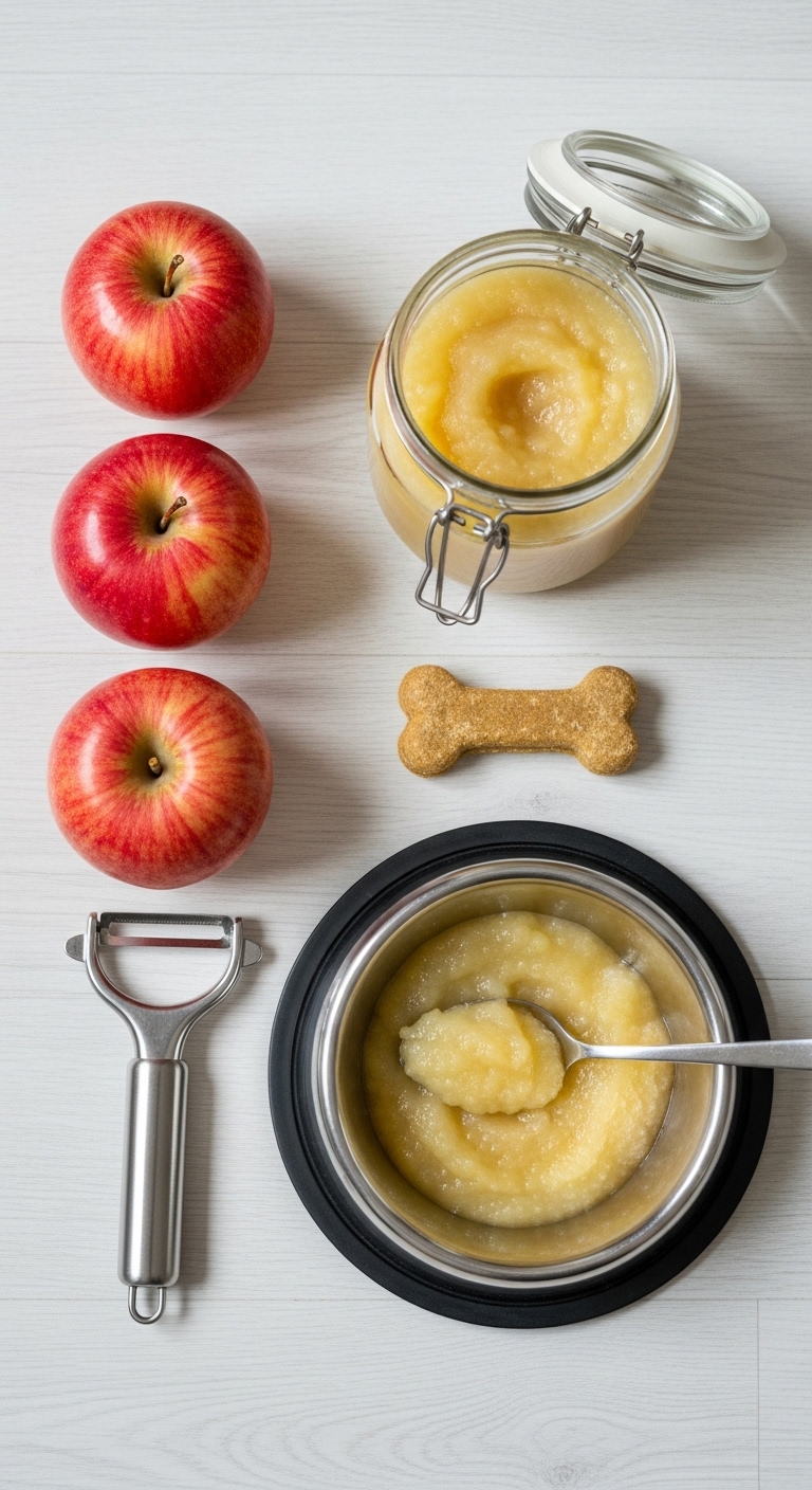 A bowl of applesauce with a dog bone next to it.