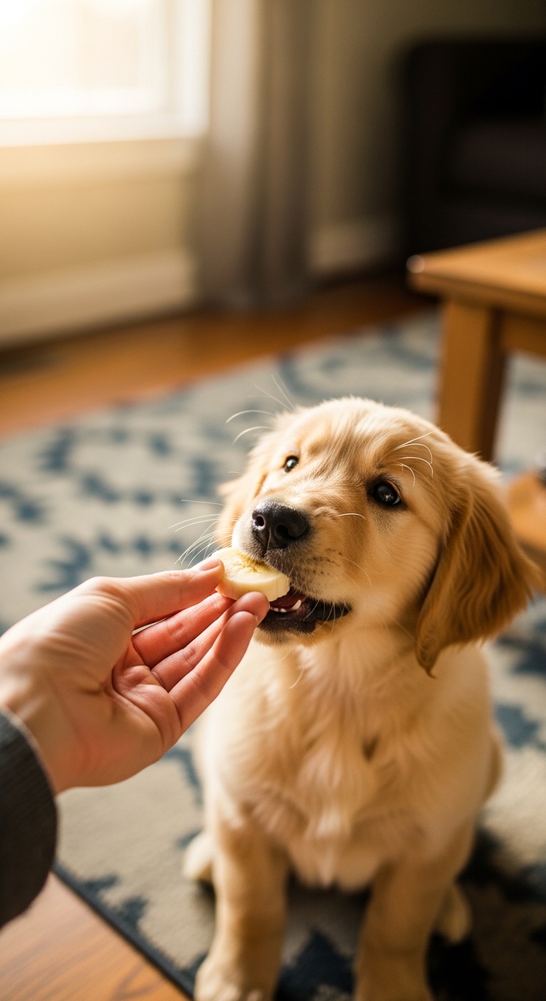 A person is feeding a dog a banana.