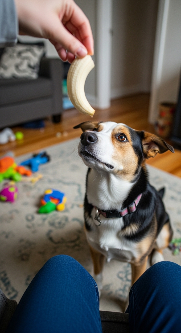 A dog is eating a banana.