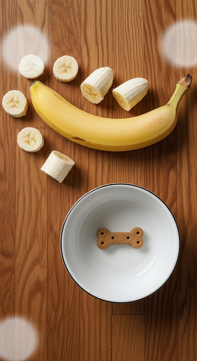 A bowl of dog food sits next to a banana.